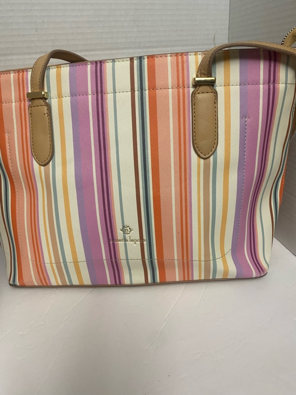 Nanette Lenore Multicolor Pastel Stripe Tote with Tan Handles